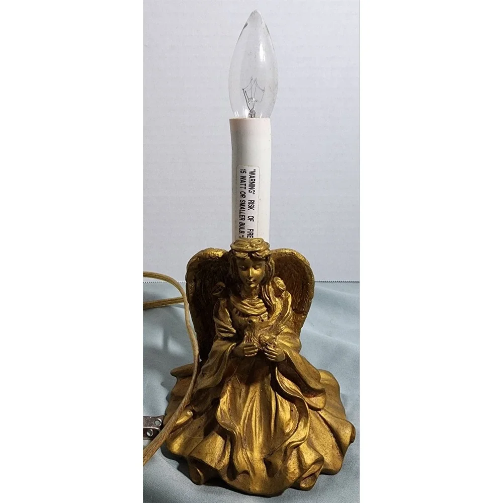 Vintage Angel & Bird Lamp Night Light Gold Resin Statue‎ Electric Candlestick